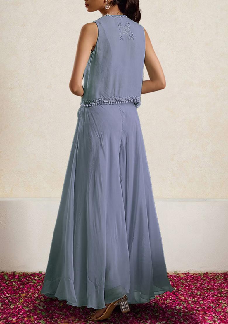 Lavender Jacket Set With Hand Embroidered Blouse And Palazzo