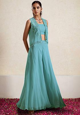 Blue Jacket Set With Hand Embroidered Blouse And Palazzo