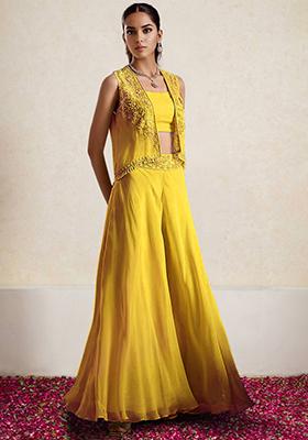 Yellow Jacket Set With Hand Embroidered Blouse And Palazzo