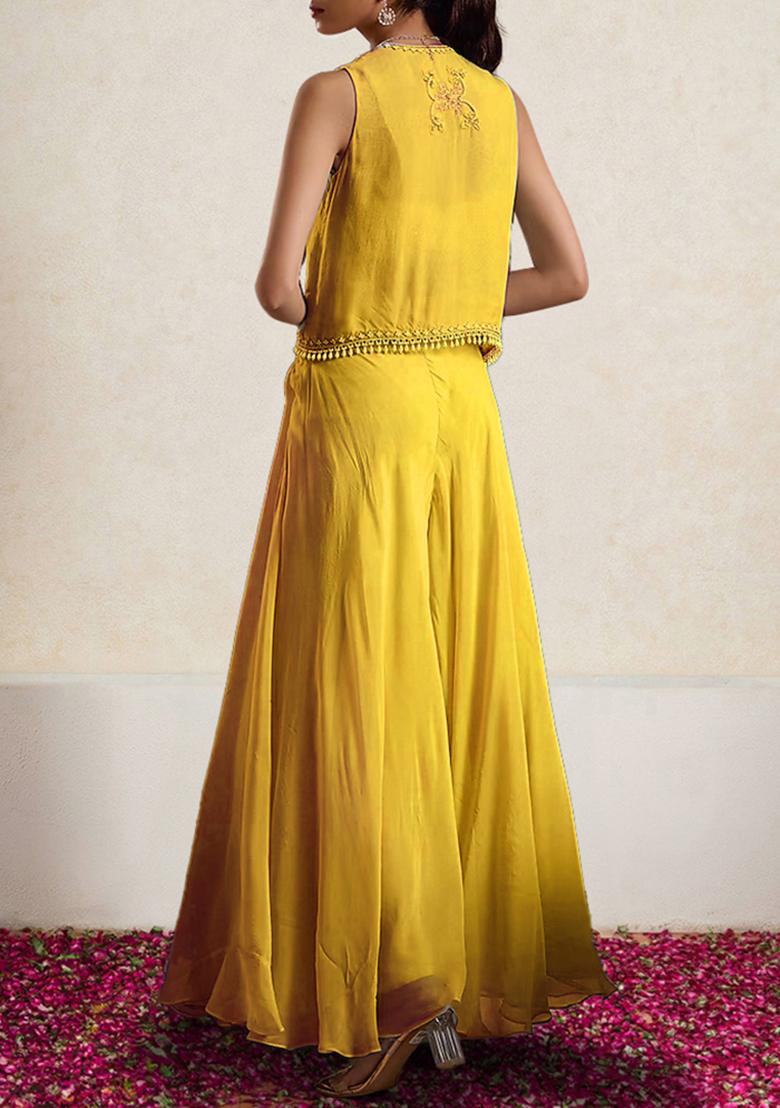 Yellow Jacket Set With Hand Embroidered Blouse And Palazzo