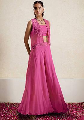 Pink Jacket Set With Hand Embroidered Blouse And Palazzo