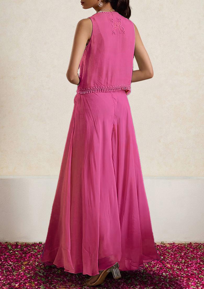 Pink Jacket Set With Hand Embroidered Blouse And Palazzo
