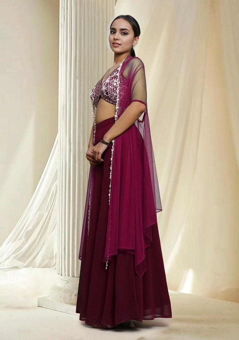 Pink Hand Embroidered Jacket Set With Blouse And Palazzo