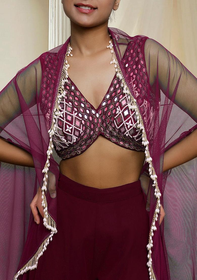 Pink Hand Embroidered Jacket Set With Blouse And Palazzo