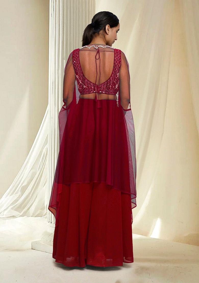 Red Hand Embroidered Jacket Set With Blouse And Palazzo