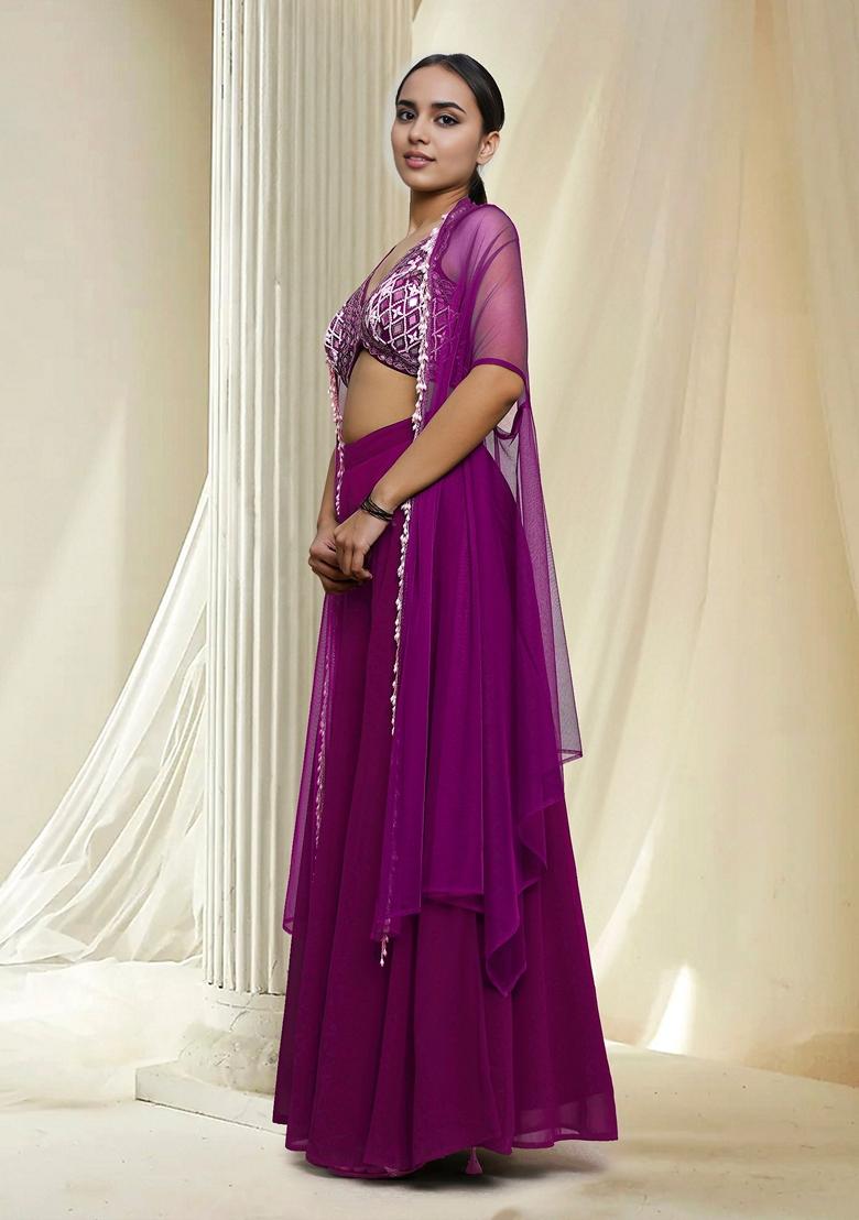 Pink Hand Embroidered Jacket Set With Blouse And Palazzo