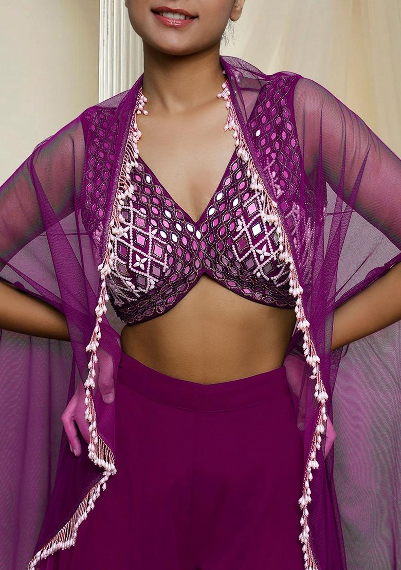 Pink Hand Embroidered Jacket Set With Blouse And Palazzo