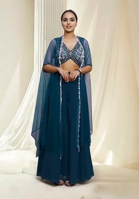 Blue Hand Embroidered Jacket Set With Blouse And Palazzo