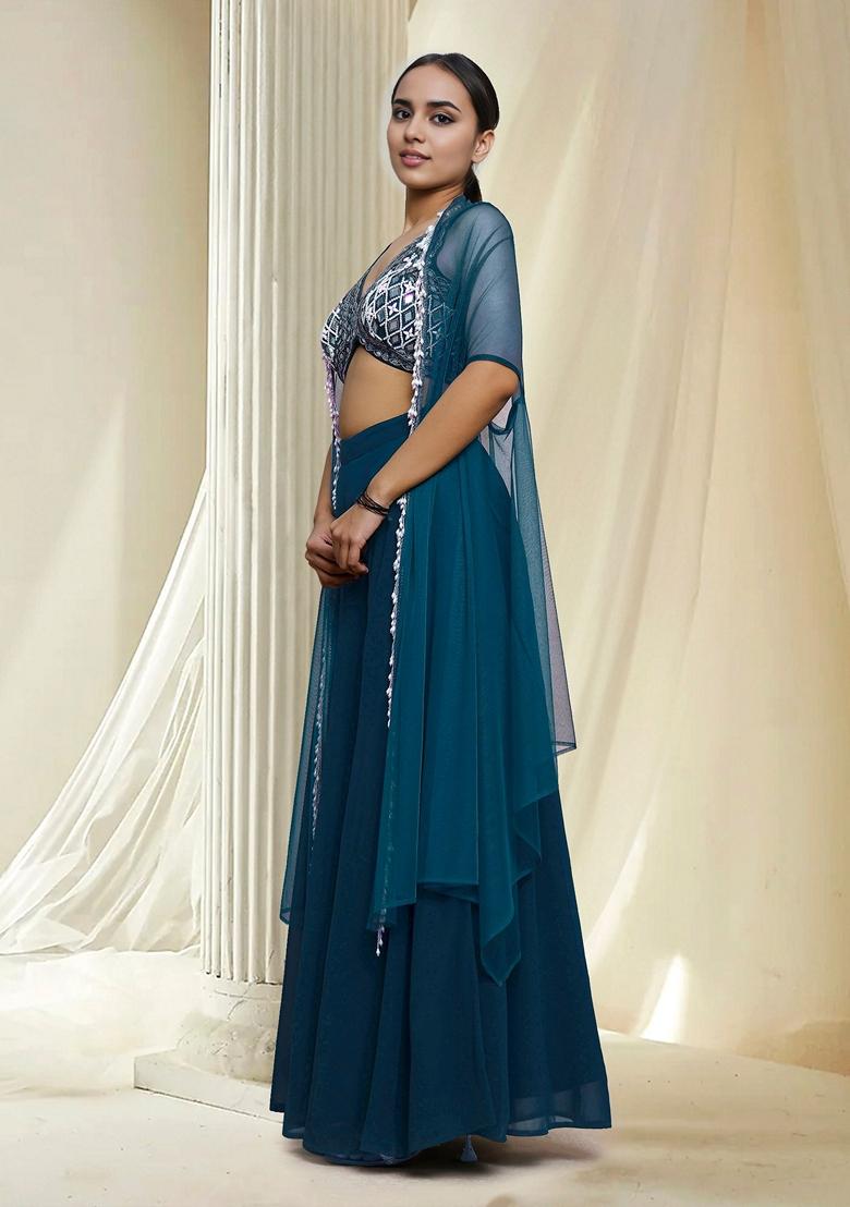 Blue Hand Embroidered Jacket Set With Blouse And Palazzo