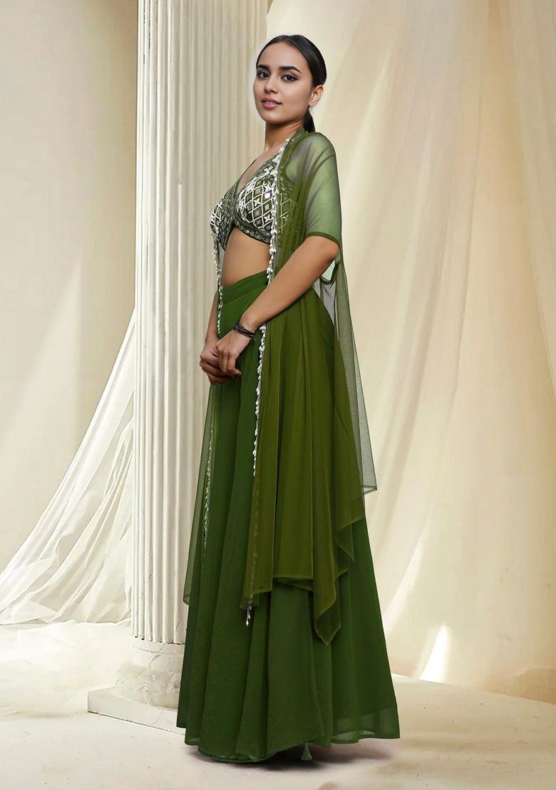 Green Hand Embroidered Jacket Set With Blouse And Palazzo