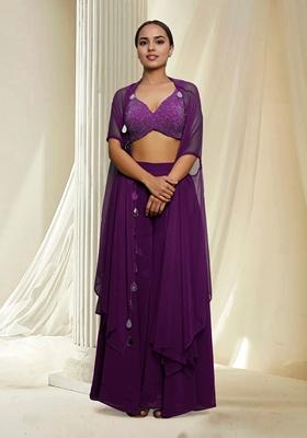 Purple Hand Embroidered Jacket Set With Blouse And Palazzo