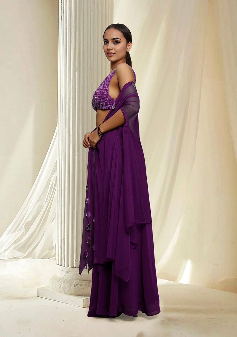 Purple Hand Embroidered Jacket Set With Blouse And Palazzo