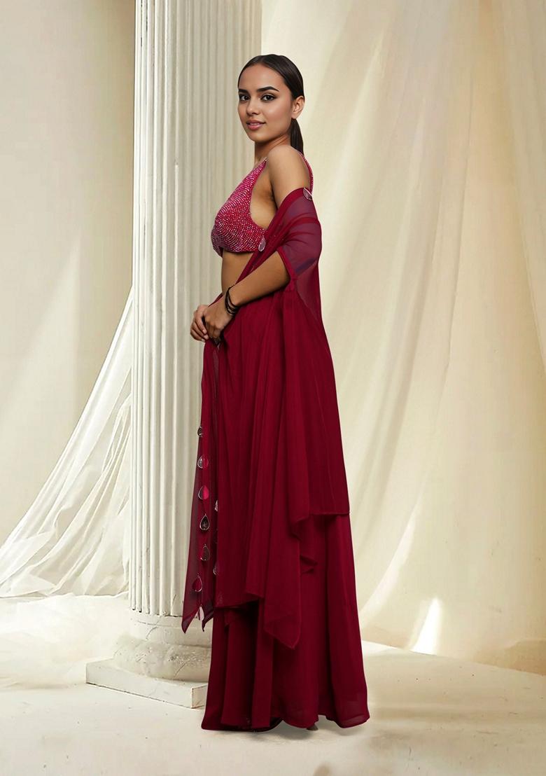 Red Hand Embroidered Jacket Set With Blouse And Palazzo