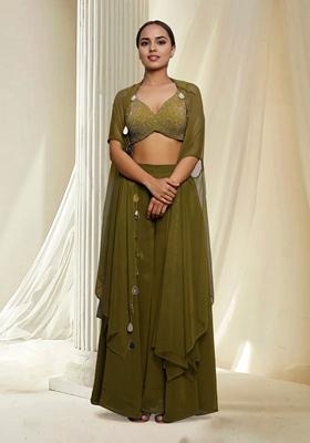 Olive Green Hand Embroidered Jacket Set With Blouse And Palazzo