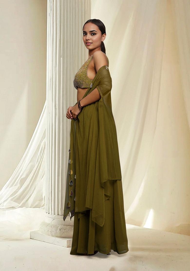 Olive Green Hand Embroidered Jacket Set With Blouse And Palazzo