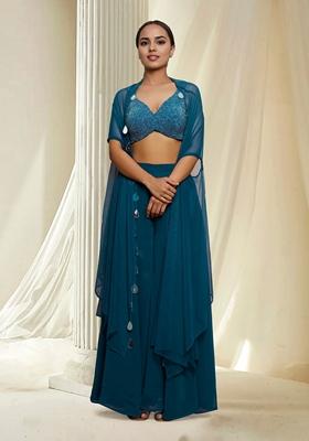 Blue Hand Embroidered Jacket Set With Blouse And Palazzo