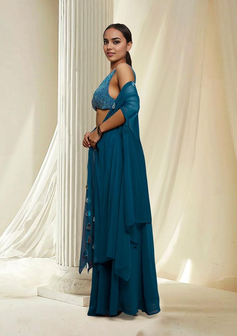 Blue Hand Embroidered Jacket Set With Blouse And Palazzo