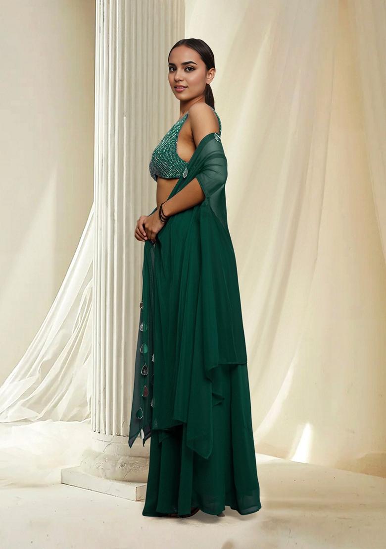 Green Hand Embroidered Jacket Set With Blouse And Palazzo