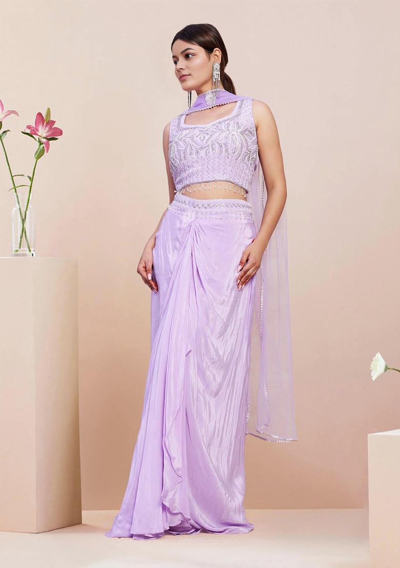 Lilac Skirt Set With Hand Embroidered Blouse And Dupatta
