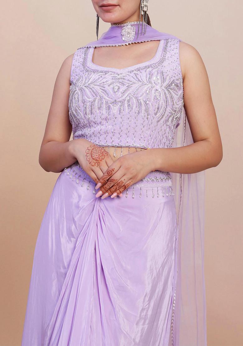 Lilac Skirt Set With Hand Embroidered Blouse And Dupatta