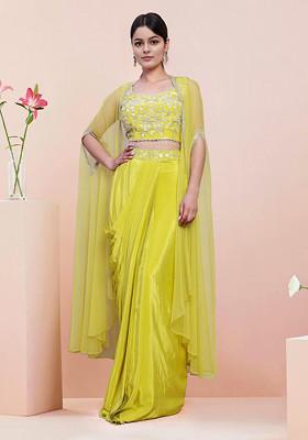 Green Jacket Set With Hand Embroidered Blouse And Skirt