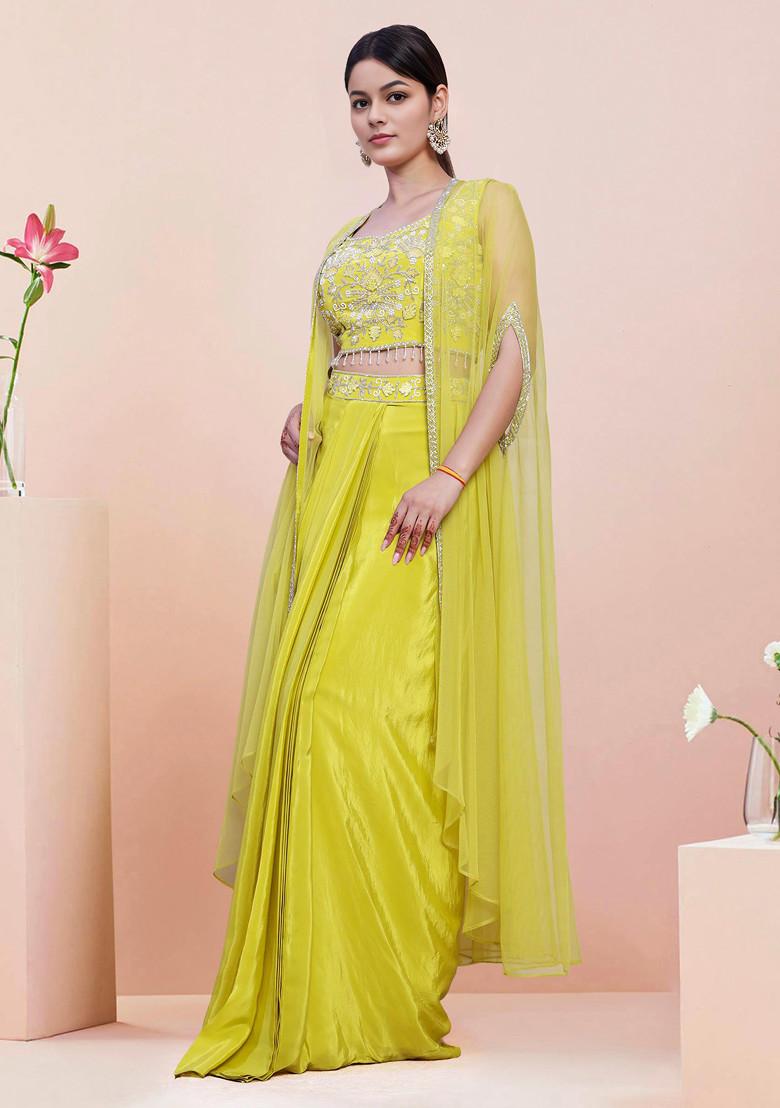 Green Jacket Set With Hand Embroidered Blouse And Skirt