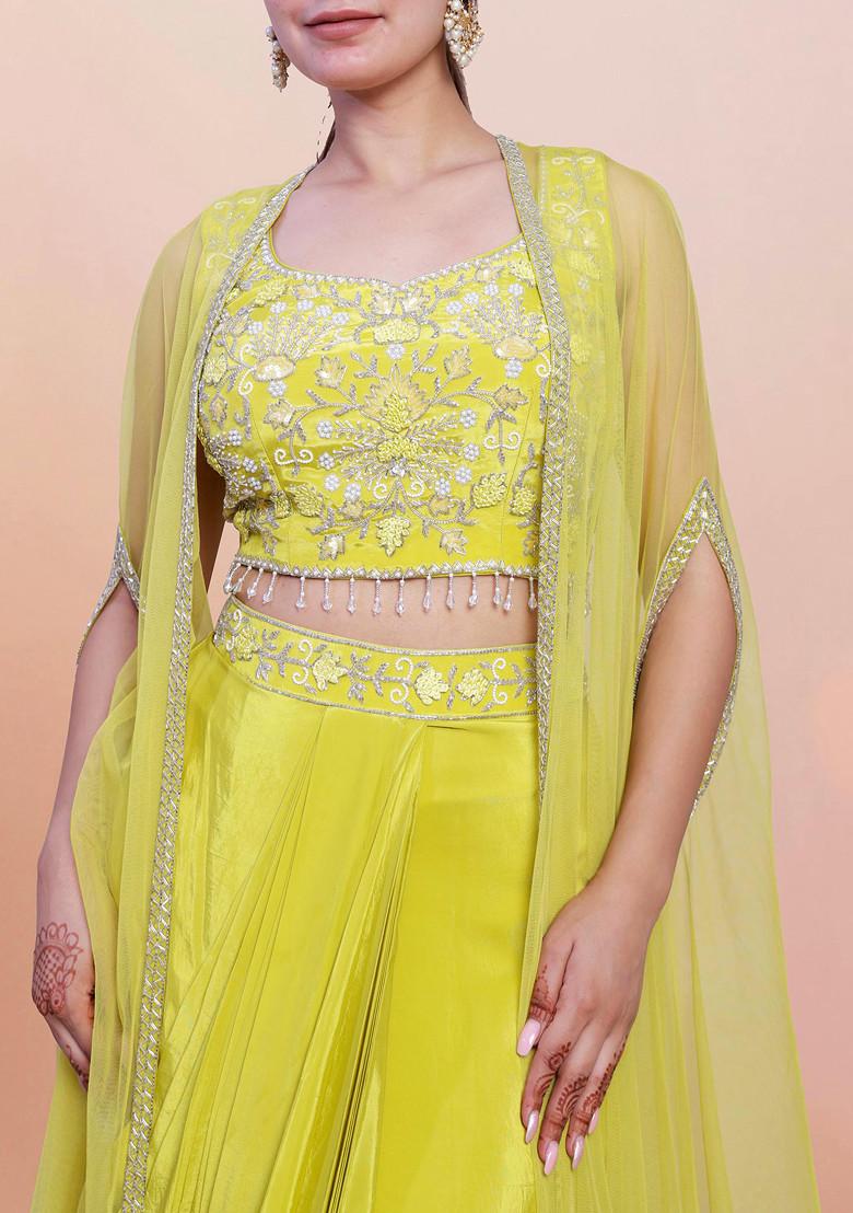 Green Jacket Set With Hand Embroidered Blouse And Skirt