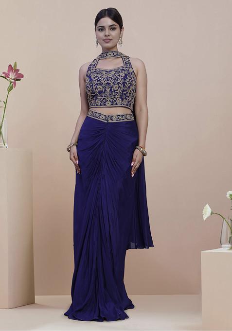 Blue Skirt Set With Hand Embroidered Blouse And Dupatta