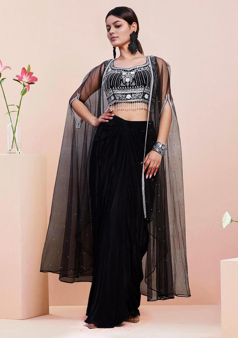 Black Jacket Set With Hand Embroidered Blouse And Skirt