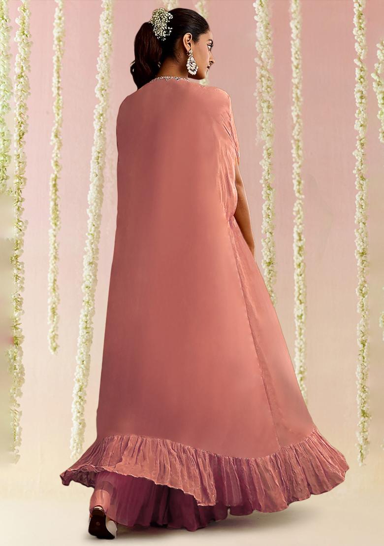 Pink Jacket Set With Hand Embroidered Blouse And Sharara