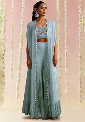 Blue Jacket Set With Hand Embroidered Blouse And Sharara
