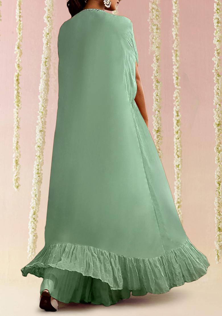 Green Jacket Set With Hand Embroidered Blouse And Sharara