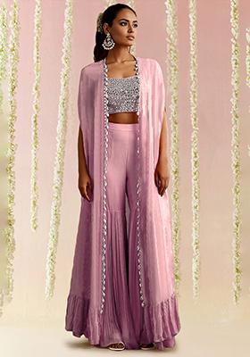 Pink Jacket Set With Hand Embroidered Blouse And Sharara