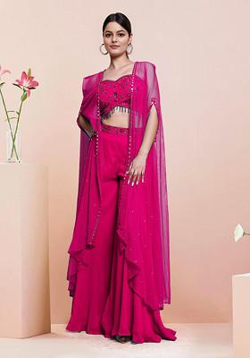 Pink Jacket Set With Hand Embroidered Blouse And Palazzo