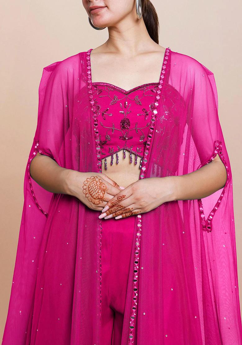 Pink Jacket Set With Hand Embroidered Blouse And Palazzo