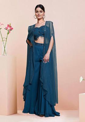 Green Jacket Set With Hand Embroidered Blouse And Palazzo