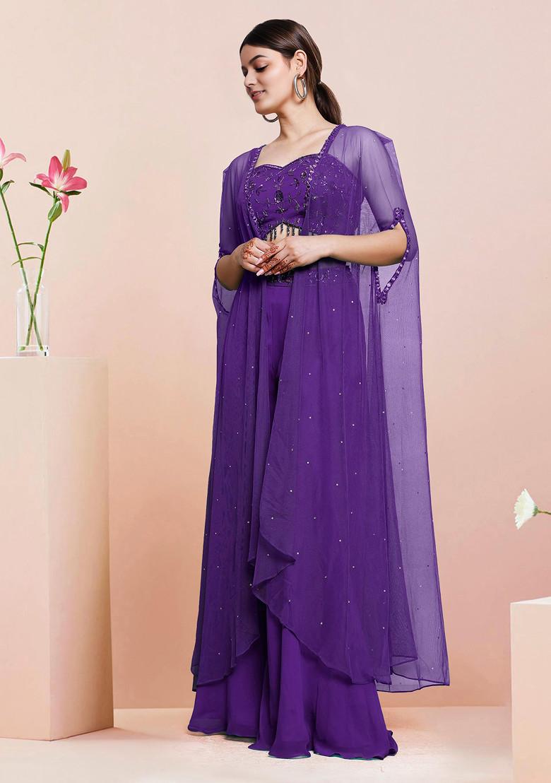 Purple Jacket Set With Hand Embroidered Blouse And Palazzo