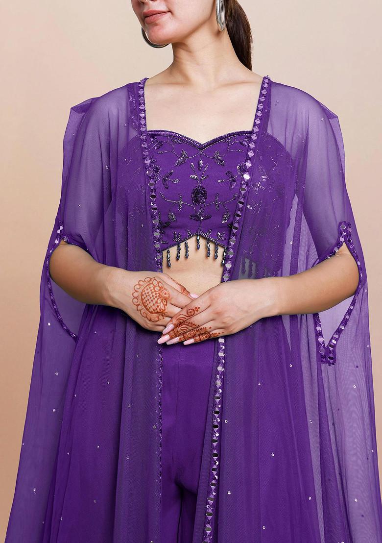 Purple Jacket Set With Hand Embroidered Blouse And Palazzo