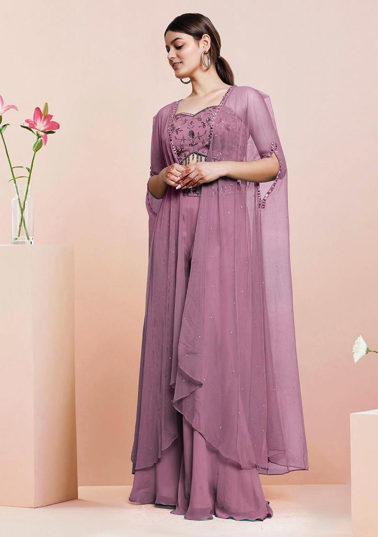 Pink Jacket Set With Hand Embroidered Blouse And Palazzo