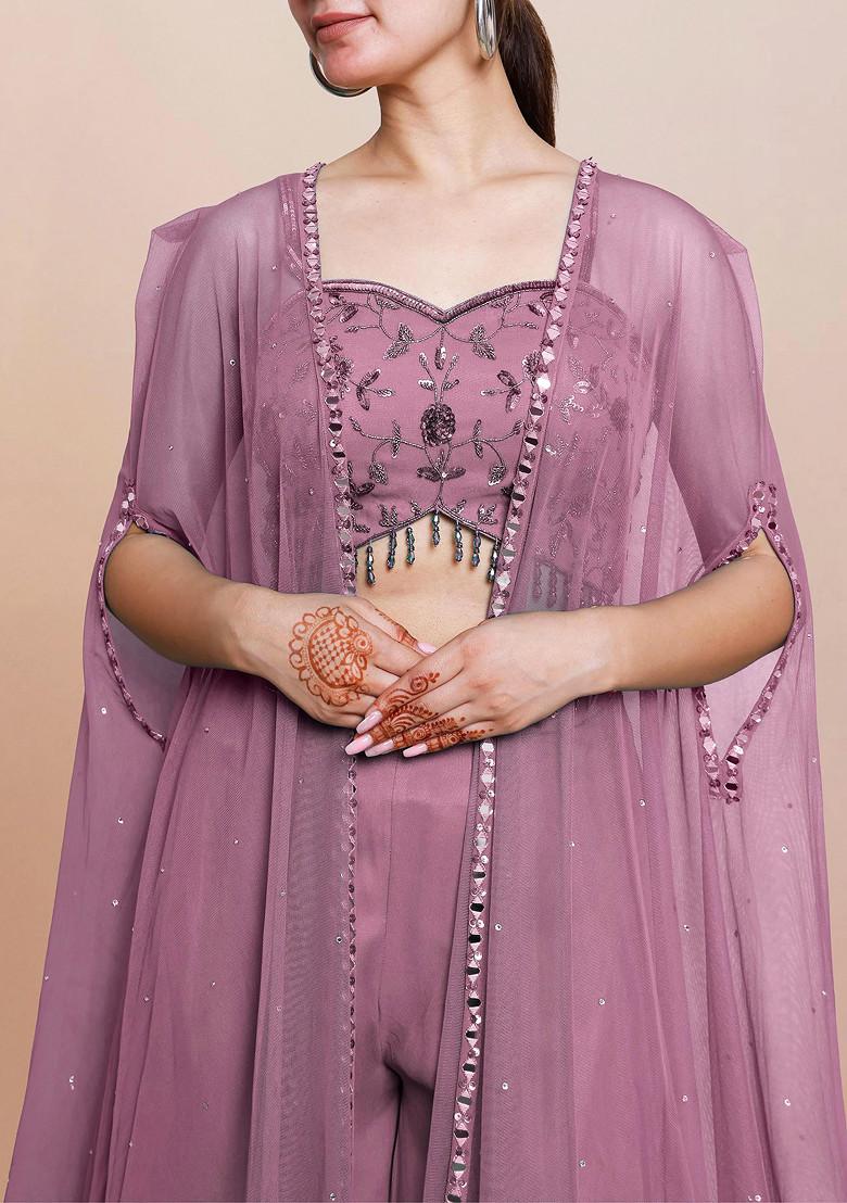 Pink Jacket Set With Hand Embroidered Blouse And Palazzo