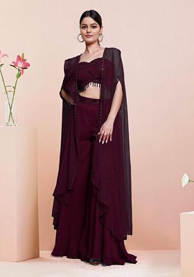 Maroon Jacket Set With Hand Embroidered Blouse And Palazzo