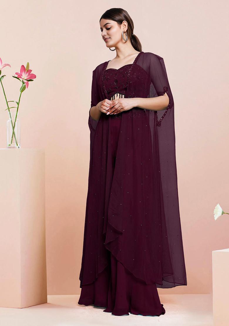 Maroon Jacket Set With Hand Embroidered Blouse And Palazzo