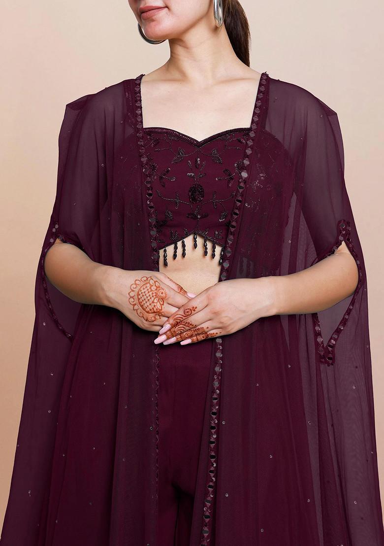 Maroon Jacket Set With Hand Embroidered Blouse And Palazzo