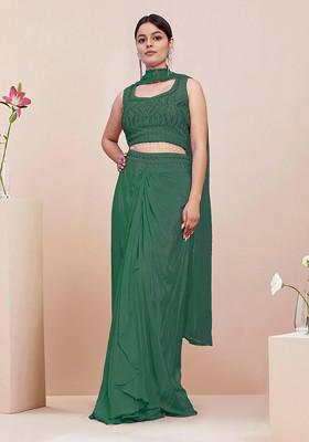 Green Skirt Set With Hand Embroidered Blouse And Dupatta