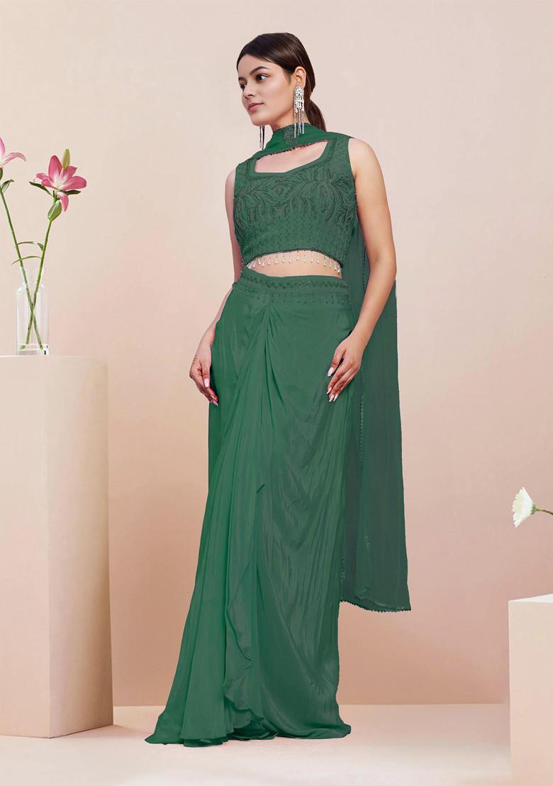 Green Skirt Set With Hand Embroidered Blouse And Dupatta