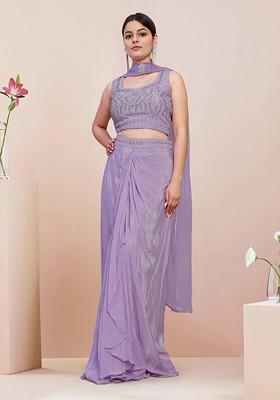 Lilac Skirt Set With Hand Embroidered Blouse And Dupatta