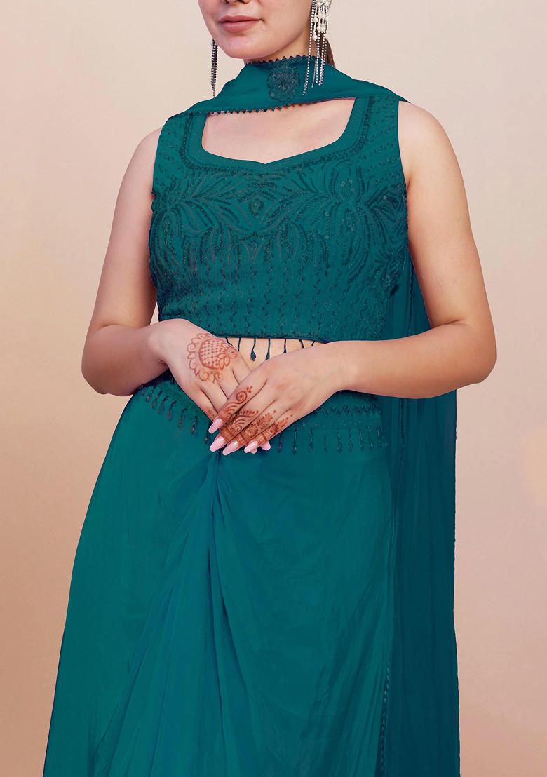 Blue Skirt Set With Hand Embroidered Blouse And Dupatta