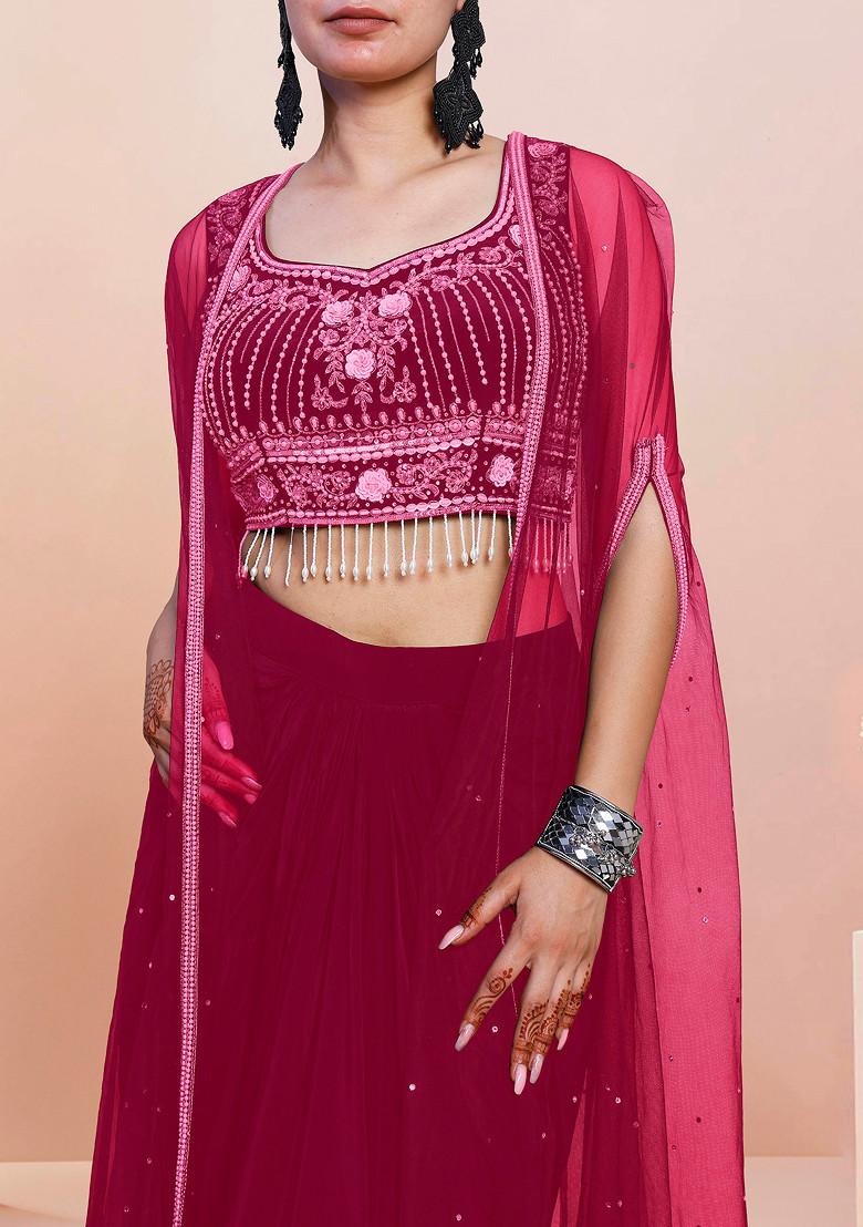 Pink Jacket Set With Hand Embroidered Blouse And Skirt