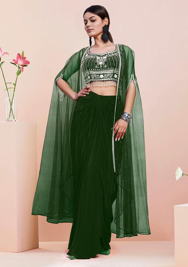 Green Jacket Set With Hand Embroidered Blouse And Skirt