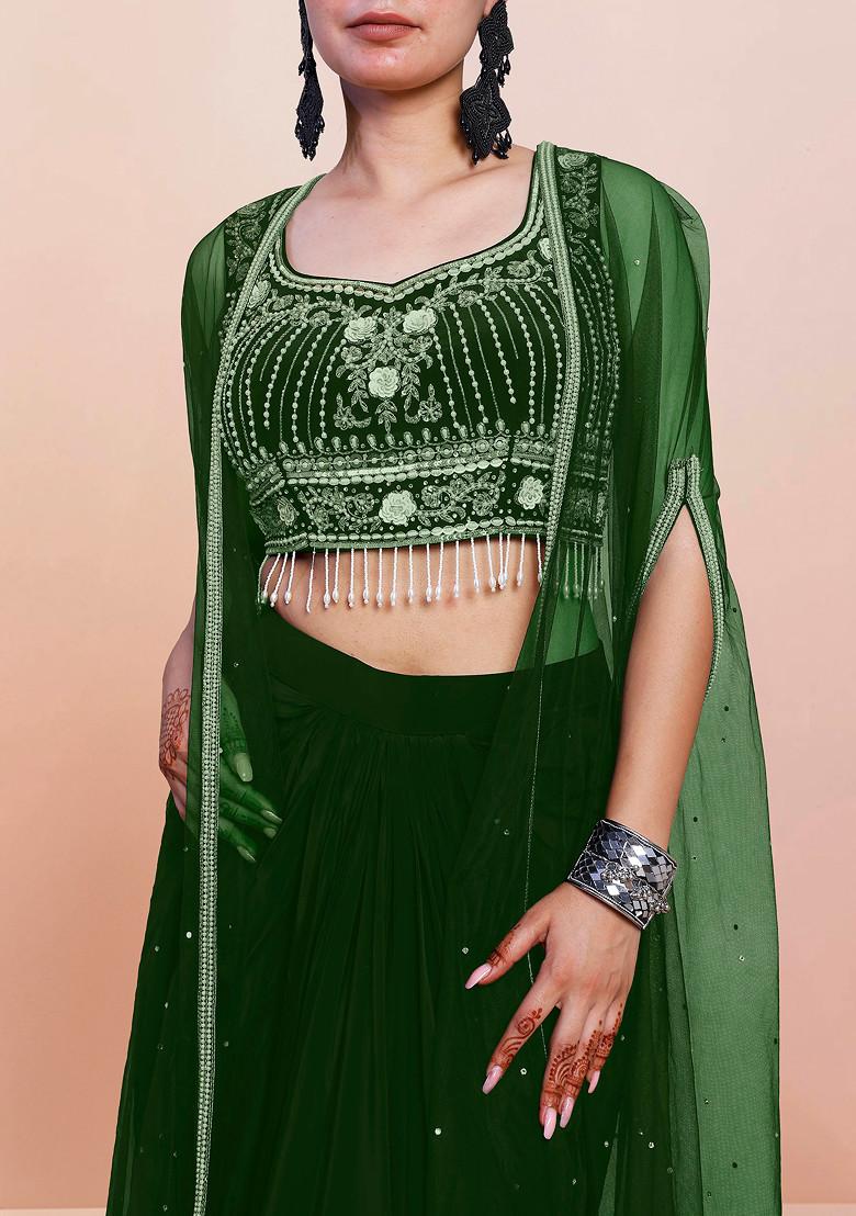 Green Jacket Set With Hand Embroidered Blouse And Skirt